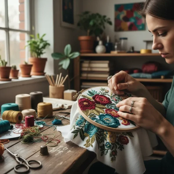 A close-up of an embroidery artist's hands skillfully working on a vibrant textile art piece, showcasing colorful threads, a needle, and a wooden embroidery hoop. The artist's attention to detail and creative process are evident.