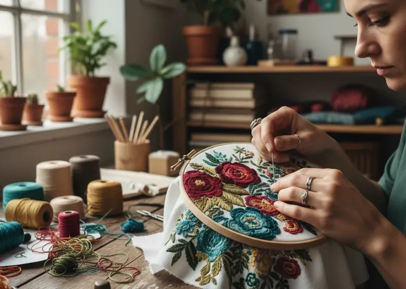 A close-up of an embroidery artist's hands skillfully working on a vibrant textile art piece, showcasing colorful threads, a needle, and a wooden embroidery hoop. The artist's attention to detail and creative process are evident.