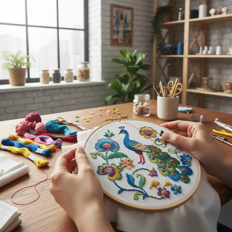 A close-up shot of hands holding an embroidery hoop, with colorful threads and a partially completed intricate design. The background is a brightly li