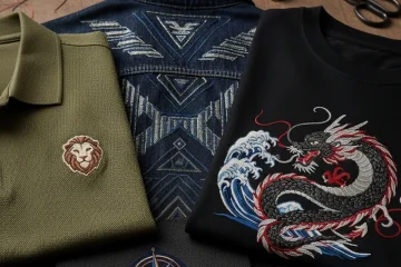 Modern embroidery design for men featuring a stylized geometric pattern on a dark blue fabric, suitable for shirts, jackets, or caps.