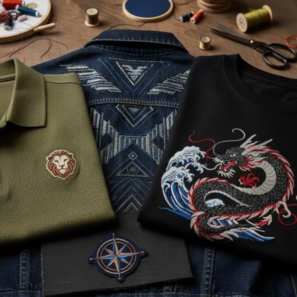 Modern embroidery design for men featuring a stylized geometric pattern on a dark blue fabric, suitable for shirts, jackets, or caps.