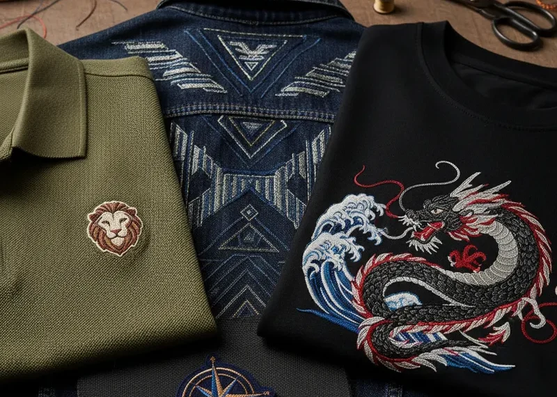 Modern embroidery design for men featuring a stylized geometric pattern on a dark blue fabric, suitable for shirts, jackets, or caps.