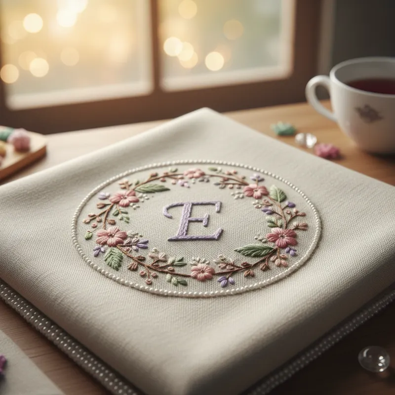 A close-up shot of a hand-embroidered personalized gift, possibly a linen handkerchief or a small wall hanging, with detailed stitching showcasing car
