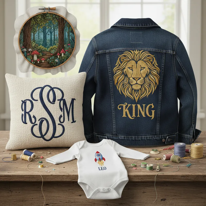 A collage featuring various embroidered gift items: a personalized denim jacket, a monogrammed throw pillow, a custom embroidered baby onesie, and a f