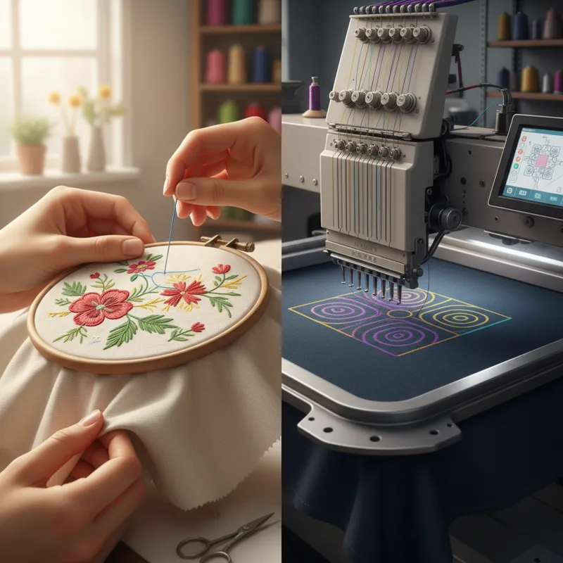 A split image showing on one side a person's hands delicately working on a hand embroidery project with a needle and thread, and on the other side, a