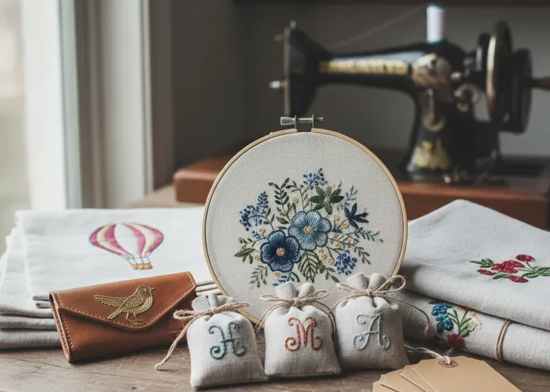 A beautiful collection of handmade embroidery gift ideas, featuring framed hoop art with intricate floral designs, a personalized tote bag, and embroidered decorative items arranged on a light wooden background.