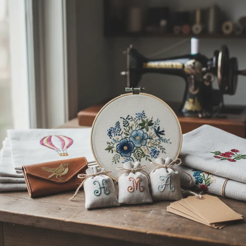 A beautiful collection of handmade embroidery gift ideas, featuring framed hoop art with intricate floral designs, a personalized tote bag, and embroidered decorative items arranged on a light wooden background.