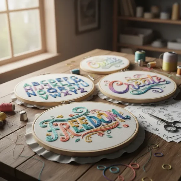 Close-up of beautifully hand-embroidered letters showcasing various fonts and styles, indicating free patterns are available for download.