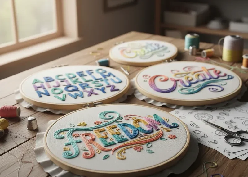 Close-up of beautifully hand-embroidered letters showcasing various fonts and styles, indicating free patterns are available for download.