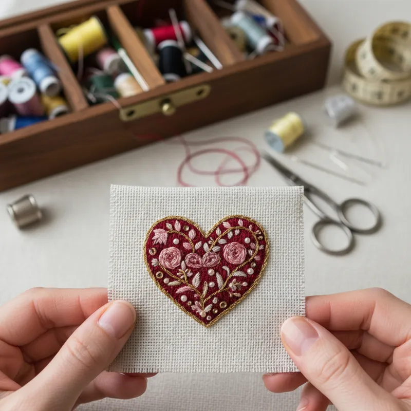 A close-up shot of a small, intricately embroidered heart design on a plain canvas fabric, held by hands, with a blurry background of a sewing kit. Th