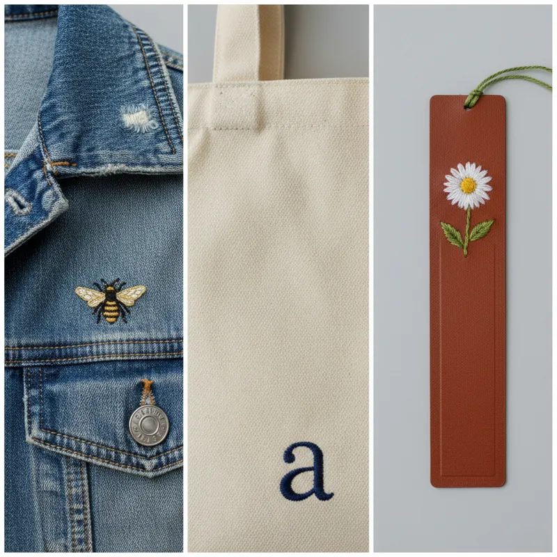 A collage or grid of various everyday items subtly enhanced with small, minimalist embroidery designs, such as a denim jacket with a tiny bee, a plain
