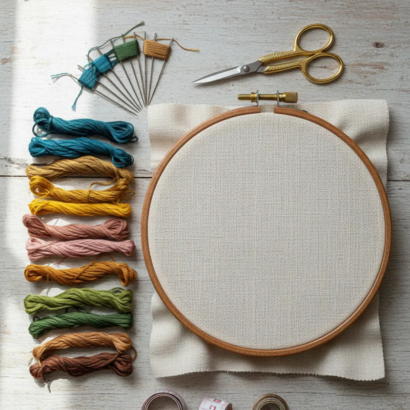 A neatly arranged flat lay of essential hand embroidery tools: a small wooden hoop, a selection of colorful embroidery floss skeins, various embroider