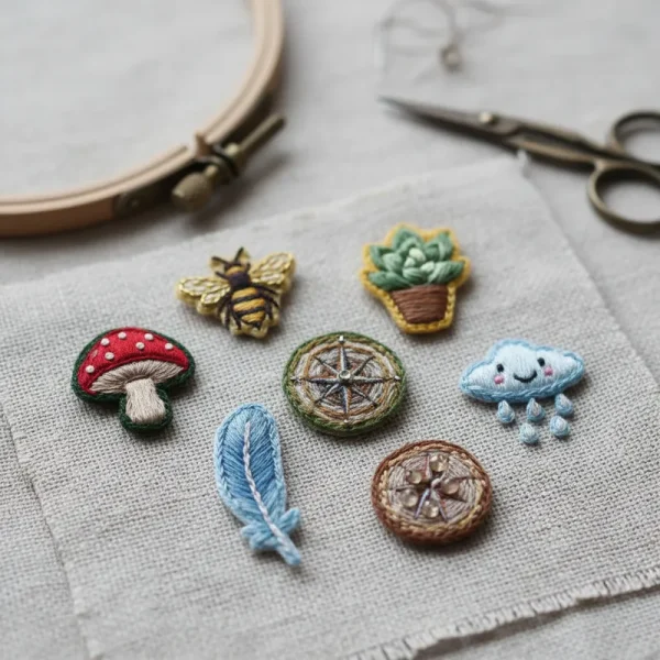 A collection of cute and easy embroidery mini designs, showcasing various small floral motifs, simple shapes, and minimalist patterns, perfect for beginner hand embroidery projects on clothing or accessories.