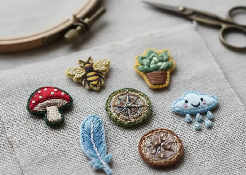 A collection of cute and easy embroidery mini designs, showcasing various small floral motifs, simple shapes, and minimalist patterns, perfect for beginner hand embroidery projects on clothing or accessories.