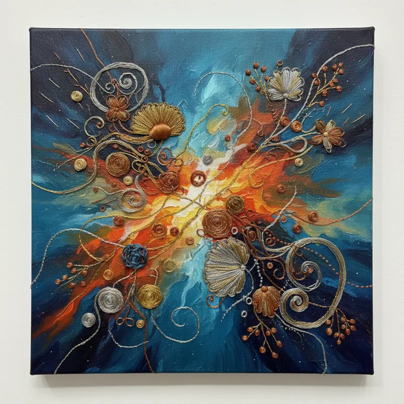 A close-up image showing intricate embroidery stitches creating texture and dimension on a stretched art canvas, possibly with painted elements undern