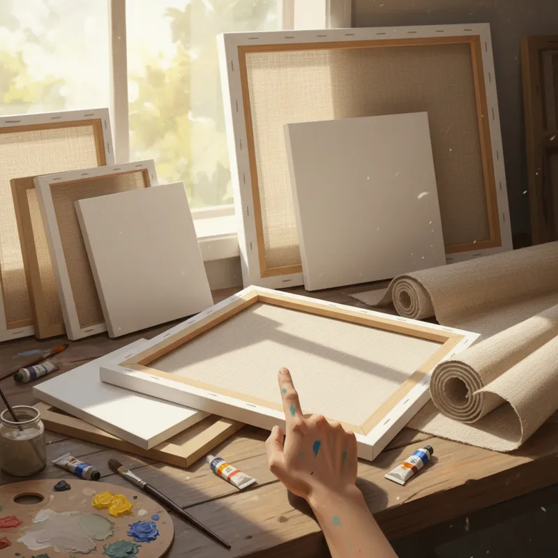 A selection of different types of art canvas, including stretched cotton and linen canvas, canvas boards, and rolls of unprimed canvas, with a hand po