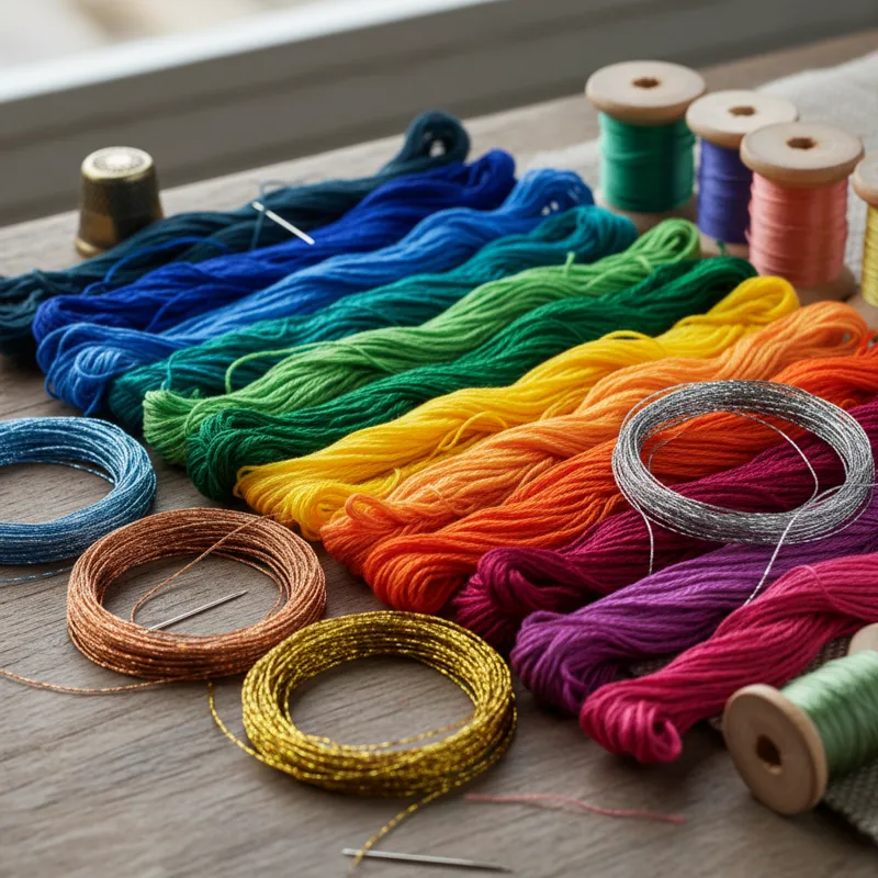 A vibrant collection of various embroidery threads, including skeins of floss, spools of perle cotton, and specialty metallic threads, neatly arranged