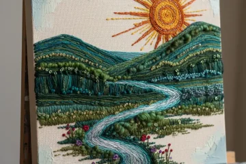 Close-up of intricate hand embroidery stitched onto a stretched white art canvas, showcasing colorful threads and textured textile art.