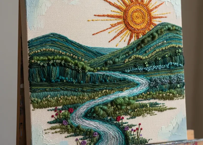 Close-up of intricate hand embroidery stitched onto a stretched white art canvas, showcasing colorful threads and textured textile art.