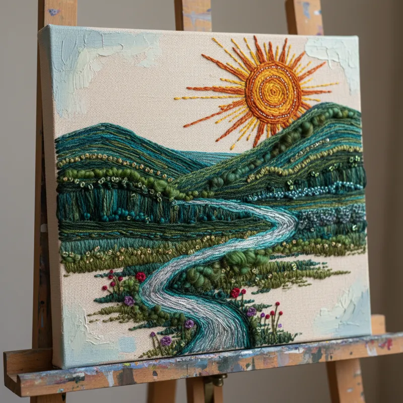 Close-up of intricate hand embroidery stitched onto a stretched white art canvas, showcasing colorful threads and textured textile art.