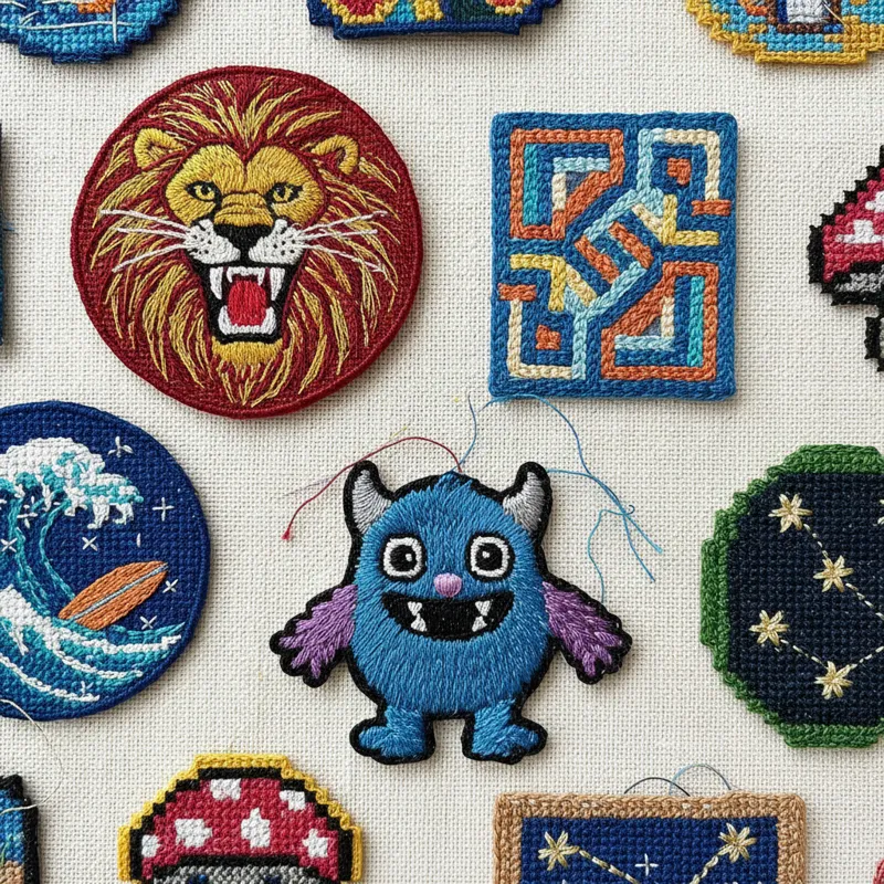 A vibrant, detailed close-up of various embroidered patches, showcasing different textures, stitch types, and colors on a neutral background. Include