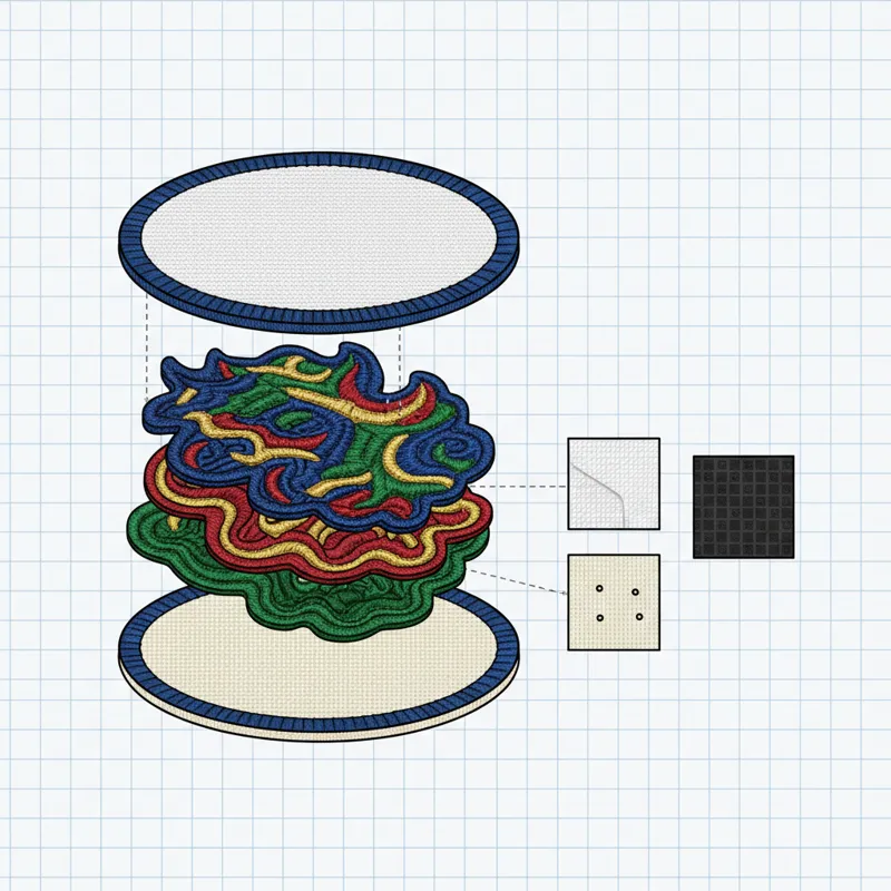 An exploded view diagram of an embroidered patch, showing its layers: a backing fabric, embroidered thread layers, a merrowed border, and different ad
