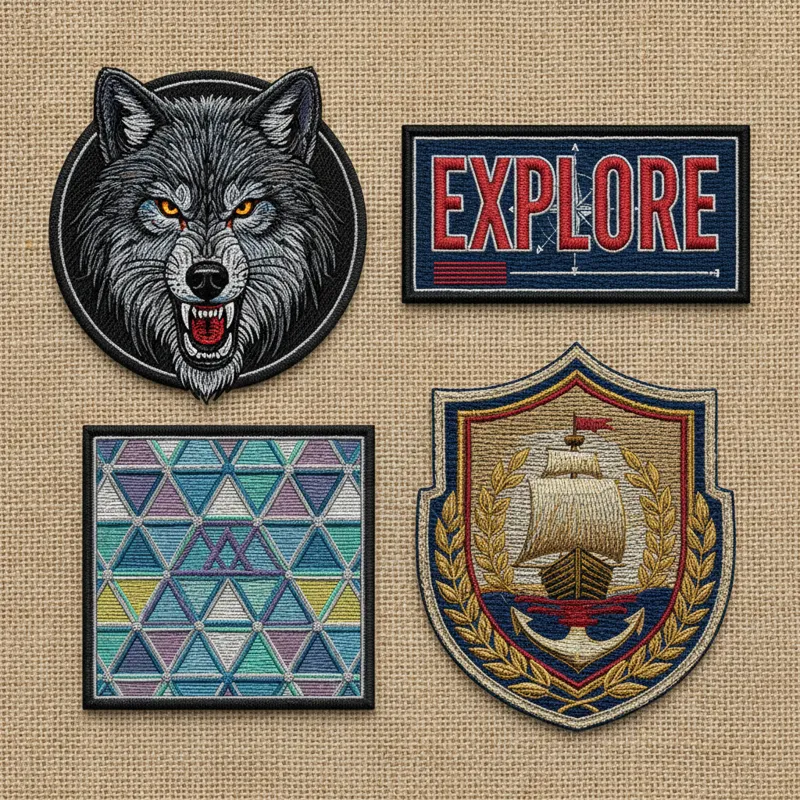 A collage of diverse embroidery patch designs: one featuring a detailed animal, another with a bold typographic logo, a minimalist geometric design, a