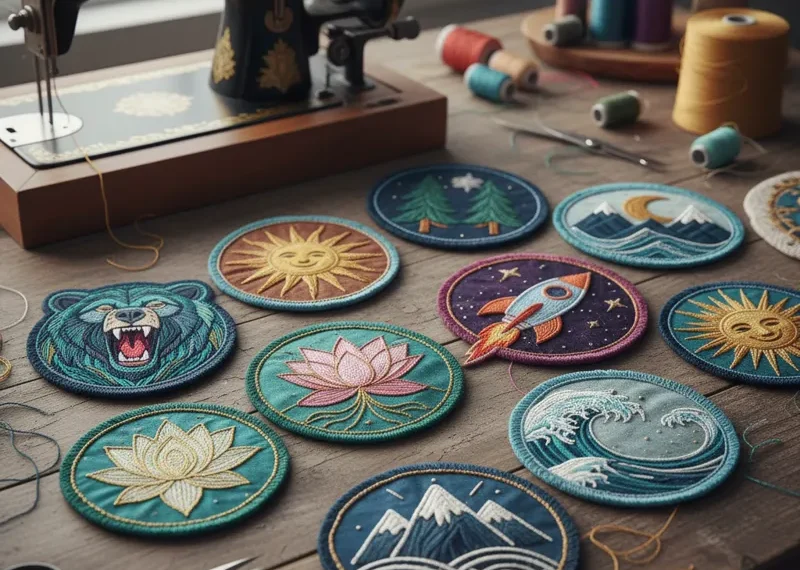 A vibrant collection of diverse embroidery patch designs, showcasing various shapes, colors, and styles suitable for custom apparel, bags, and accessories, including intricate logos, playful characters, and text-based patches.