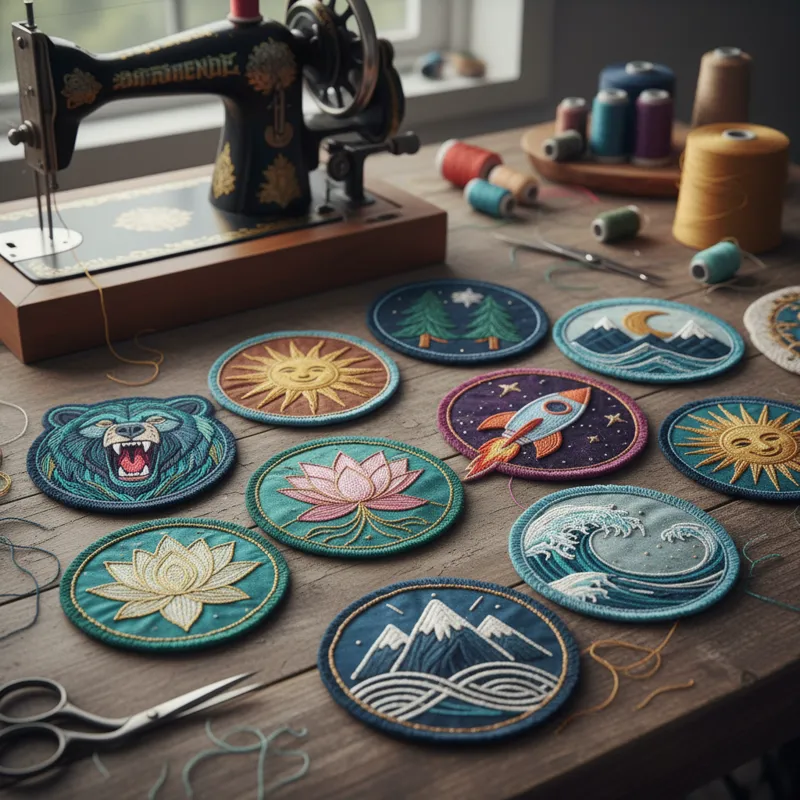 A vibrant collection of diverse embroidery patch designs, showcasing various shapes, colors, and styles suitable for custom apparel, bags, and accessories, including intricate logos, playful characters, and text-based patches.
