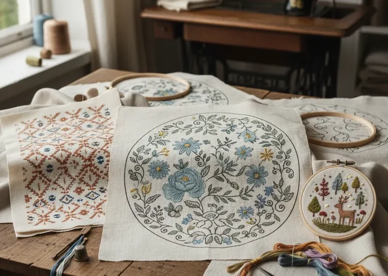 A vibrant collection of embroidery patterns for hand embroidery, featuring various floral, botanical, and abstract designs. The image shows printable PDF pattern sheets with outlines for different stitches, perfect for beginner to advanced stitchers.