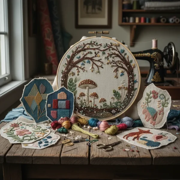 A close-up of a colorful embroidery hoop featuring a detailed floral embroidery pattern with various stitches and threads.