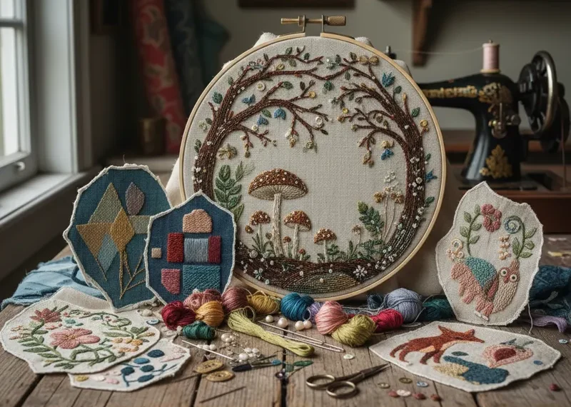 A close-up of a colorful embroidery hoop featuring a detailed floral embroidery pattern with various stitches and threads.
