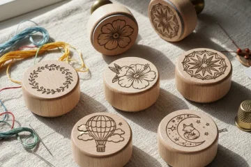 A collection of delicate embroidery stamps featuring various floral, botanical, and geometric patterns, arranged on a light surface, ready to be used for fabric transfer.