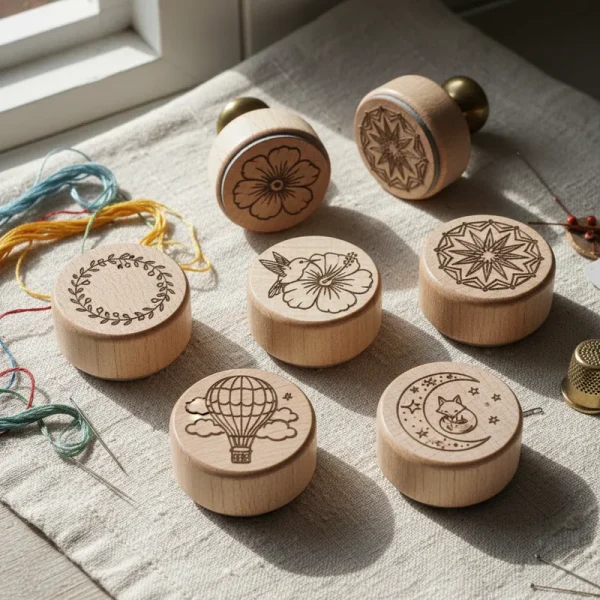 A collection of delicate embroidery stamps featuring various floral, botanical, and geometric patterns, arranged on a light surface, ready to be used for fabric transfer.