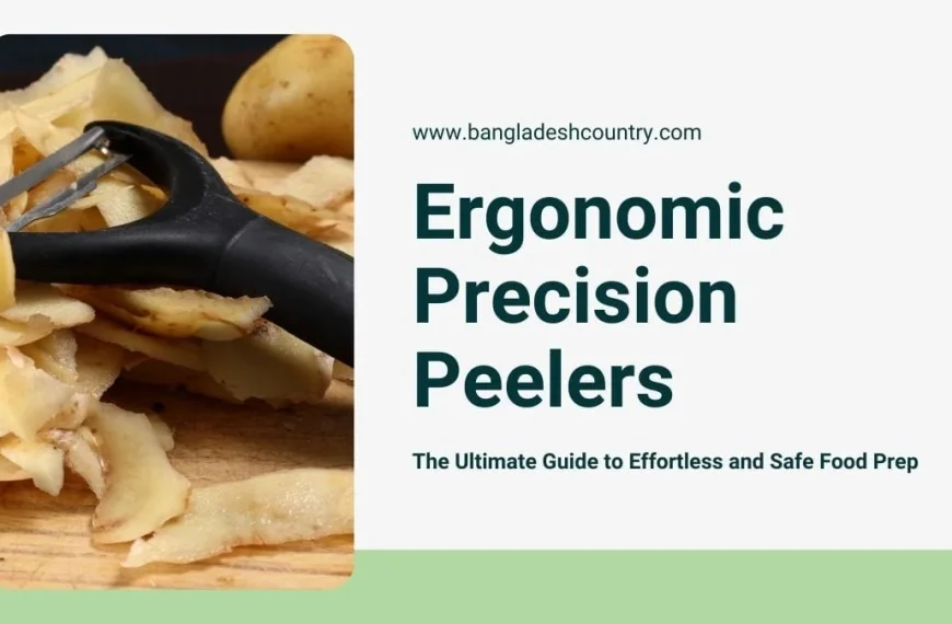 A close-up of a black ergonomic potato peeler actively peeling a potato, with a pile of fresh potato peels on a wooden cutting board. A whole potato is visible in the background. The image also displays text: 'Ergonomic Precision Peelers' and a sub-headline: 'The Ultimate Guide to Effortless and Safe Food Prep' with the website www.bangladeshcountry.com.