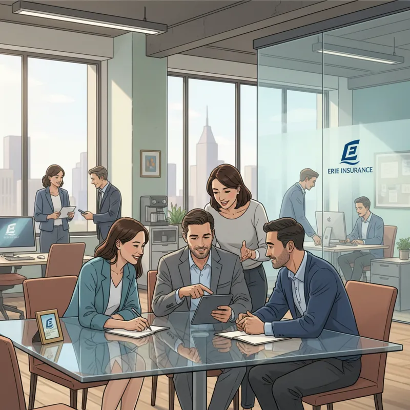 A diverse group of professional employees collaborating in a modern office environment, with the Erie Insurance logo subtly visible, conveying a sense