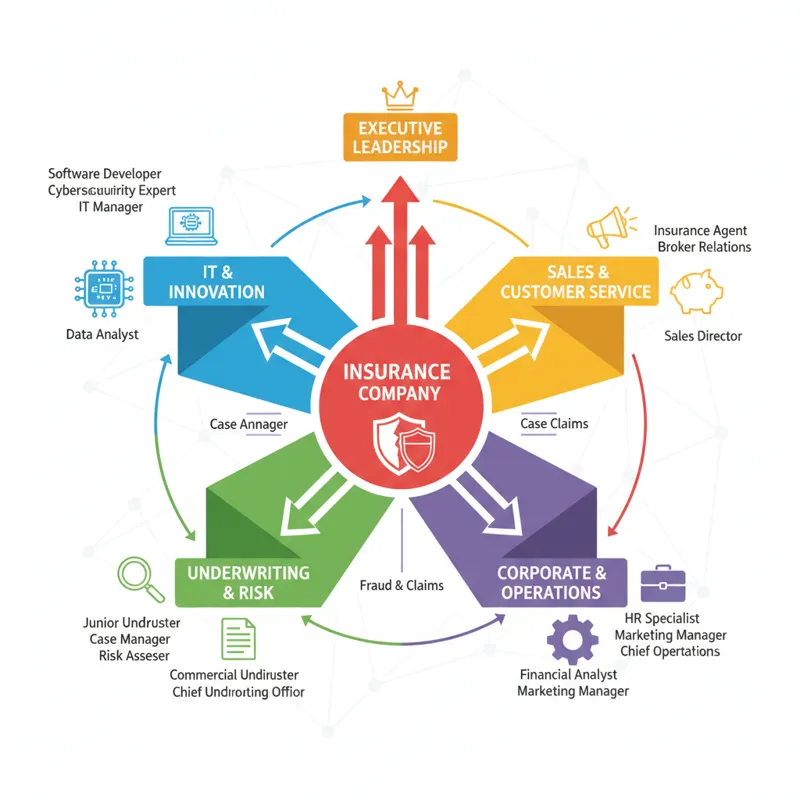 A dynamic infographic or flowchart illustrating various career paths within an insurance company, such as IT, underwriting, claims, sales, and corpora