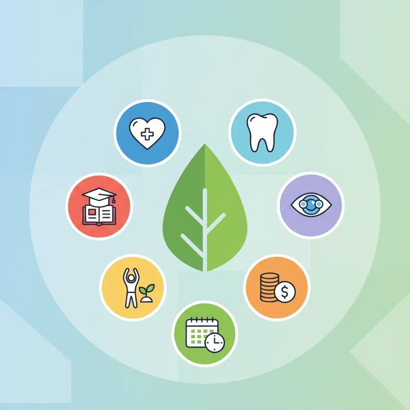 A graphic displaying various employee benefits icons – health, dental, vision, 401k, paid time off, wellness programs, and tuition reimbursement – arr