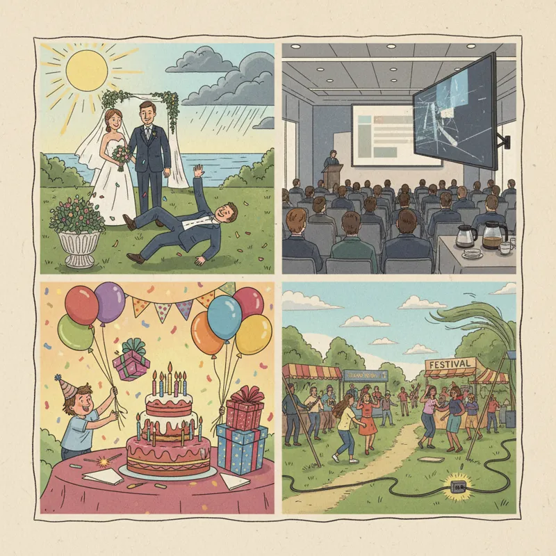 A collage of diverse event types: a wedding ceremony, a corporate conference, a lively birthday party, and a small community festival, each subtly sho