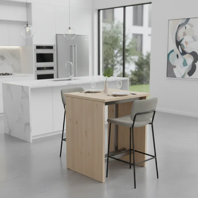 A sleek, modern expandable counter height table in its compact form, set up for two, with two counter height stools neatly tucked underneath. The back