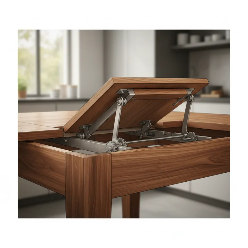 A close-up detailed shot illustrating the butterfly leaf mechanism of an expandable counter height table, showing the leaf folding out from within the