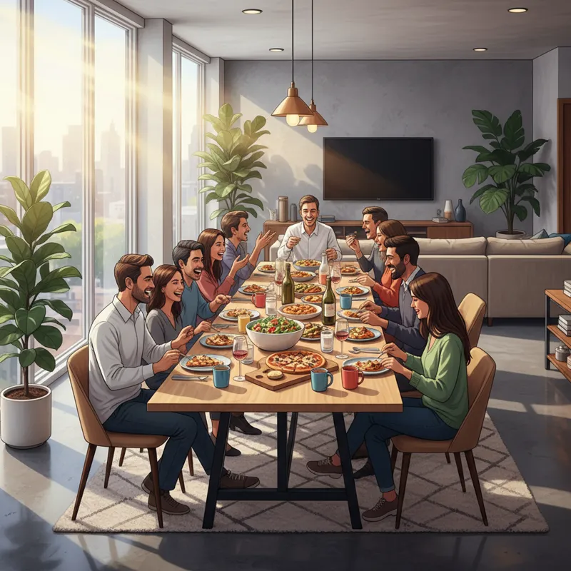 A brightly lit, modern apartment living space featuring an expandable counter height table expanded and filled with people enjoying a meal. The atmosp