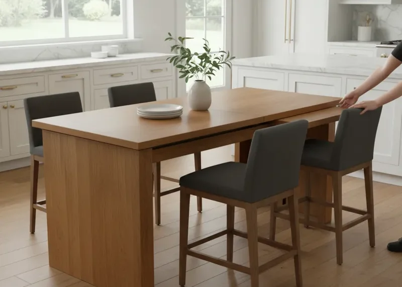 A modern expandable counter height table made of light wood, shown in both its compact and extended forms. The table features a built-in leaf mechanism and comfortably seats 2-6 people, ideal for flexible kitchen and dining spaces.