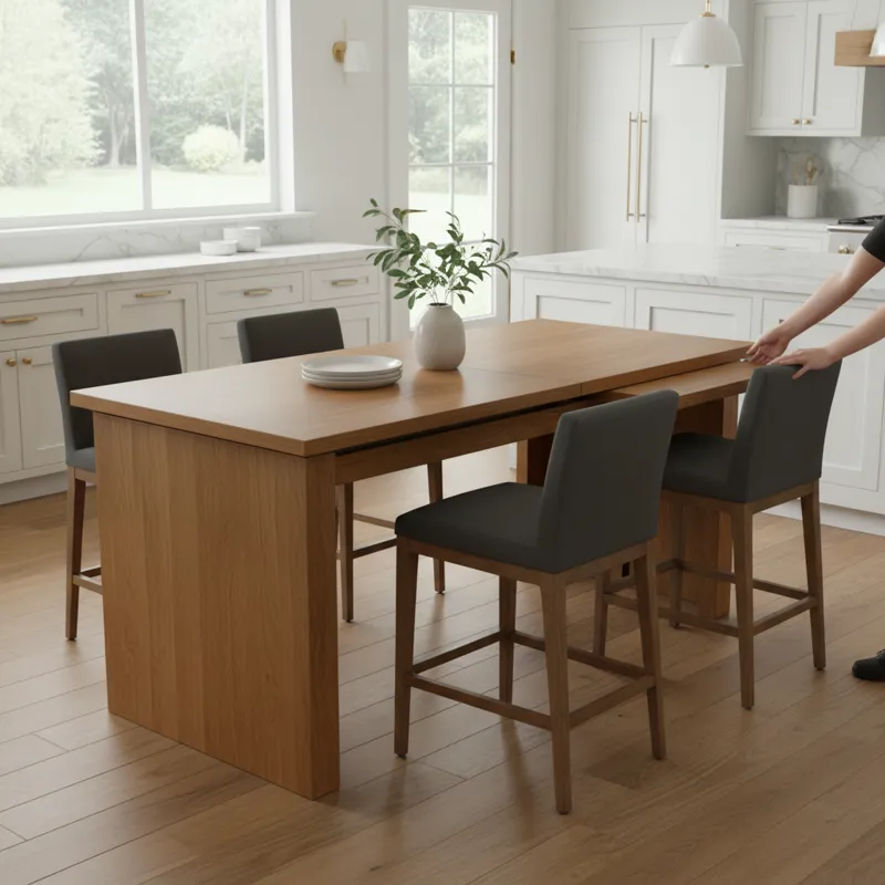 A modern expandable counter height table made of light wood, shown in both its compact and extended forms. The table features a built-in leaf mechanism and comfortably seats 2-6 people, ideal for flexible kitchen and dining spaces.