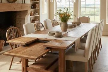 Expandable farmhouse dining table made of solid wood, featuring rustic design and sturdy construction, suitable for extending to accommodate more guests.