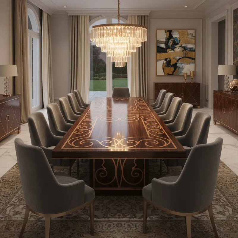 A wide shot of a luxurious modern dining room. The centerpiece is a large, expensive dining table made of polished dark wood with intricate metal inla