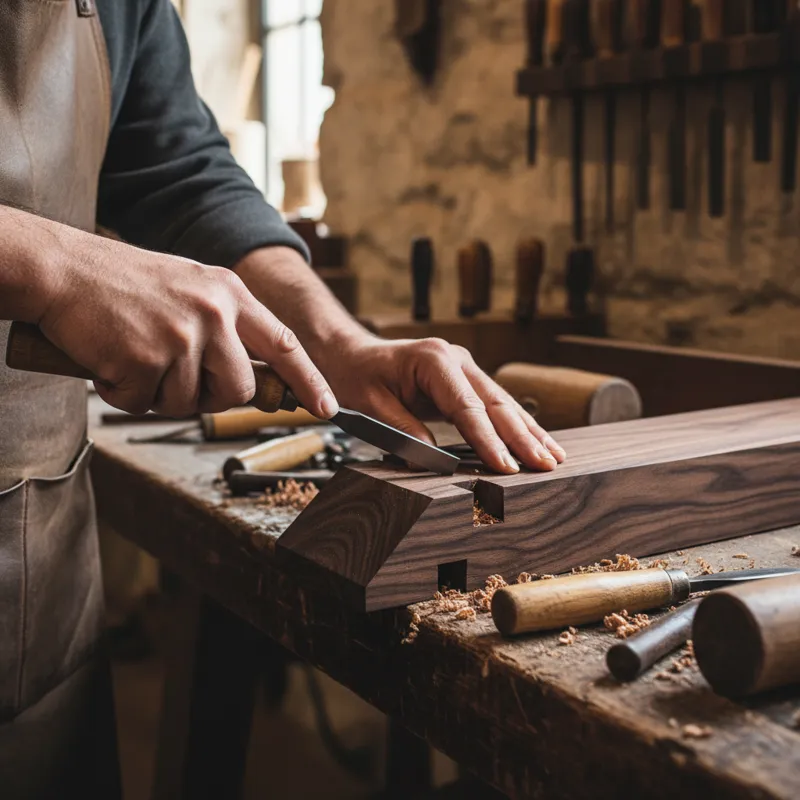 A detailed shot of a skilled artisan's hands carefully working on the corner joint of an expensive wooden dining table base. The tools are traditional