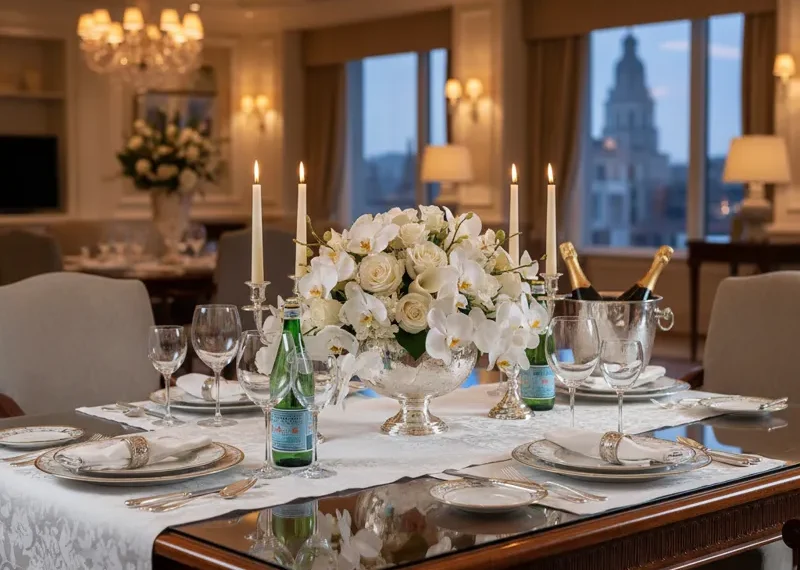 Luxurious rectangular dining table with a polished dark wood top and ornate carved details, surrounded by matching high-back upholstered chairs in a grand, elegant dining room, conveying an expensive and high-end aesthetic.