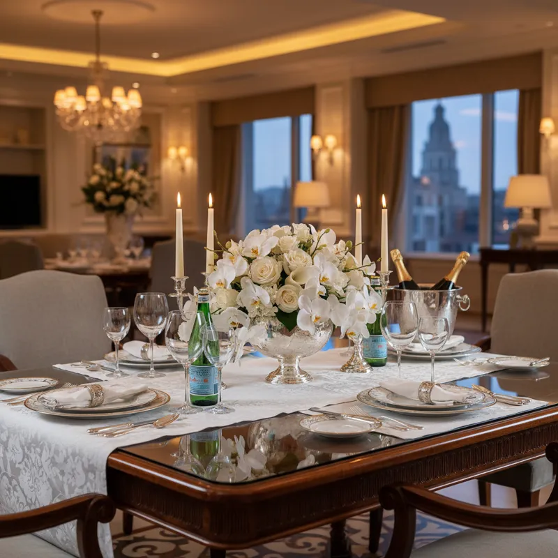 Luxurious rectangular dining table with a polished dark wood top and ornate carved details, surrounded by matching high-back upholstered chairs in a grand, elegant dining room, conveying an expensive and high-end aesthetic.
