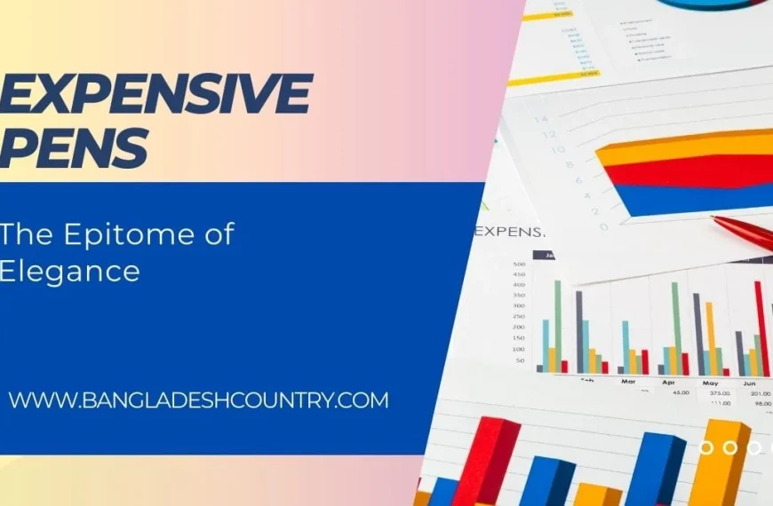 Graphic promoting 'EXPENSIVE PENS: The Epitome of Elegance' on a yellow and blue background, displayed next to colorful business charts, graphs, and a red pen.